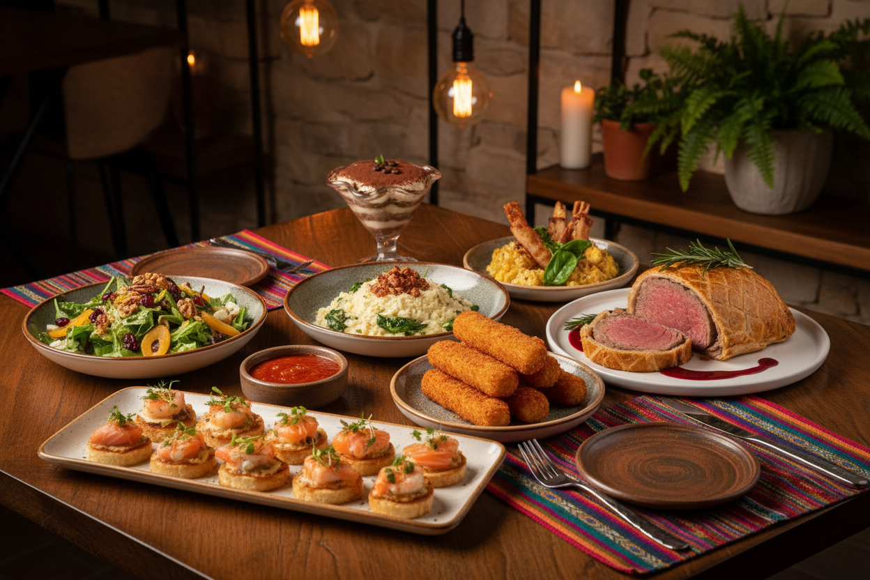 Canapé de salmón y langostino



Mozzarella frita



Arroz de espinaca y tocineta



Ensalada de frutos secos



Beef Wellington



Tiramisú
